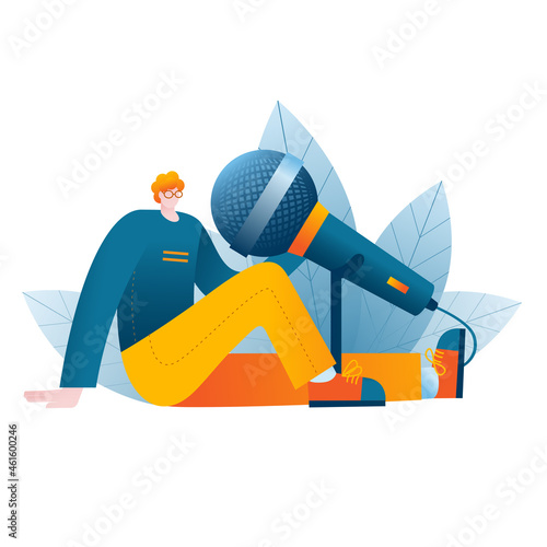 The man speaks into a large microphone. A metaphor on the topic of a podcast. Vector illustration in a flat style.