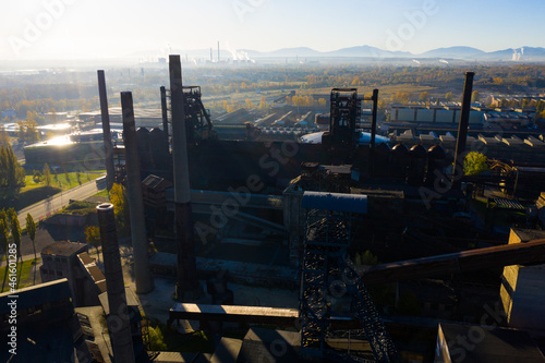 View from drone of old abandoned blast furnaces of Vitkovice Iron and Steel Works  Ostrava city  Czech Republic