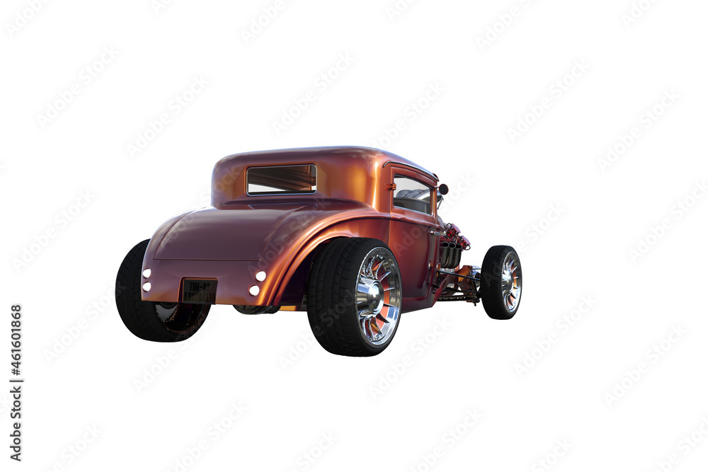 Illustration of an abstract retro sports car with powerful engine and wide tires. 3D rendering illustration.