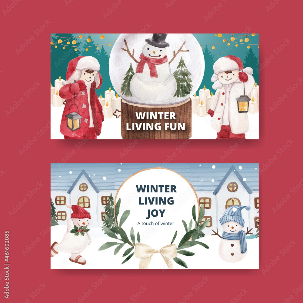 Fototapeta premium Twitter template with winter living concept,watercolor style