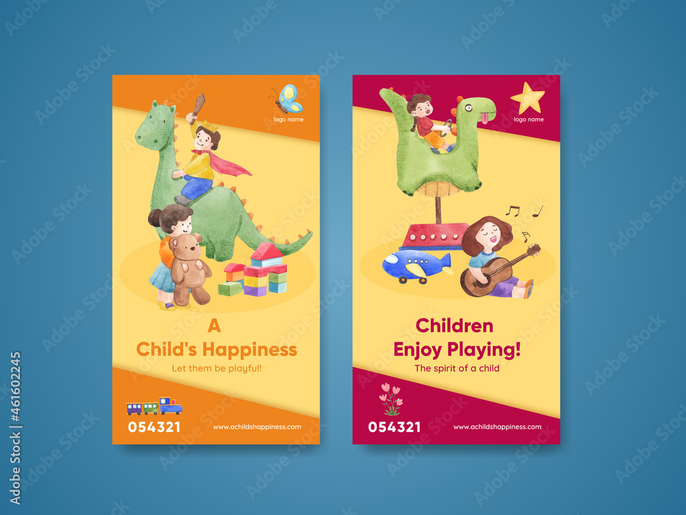 Fototapeta premium Instagram template with happy children concept,watercolor style