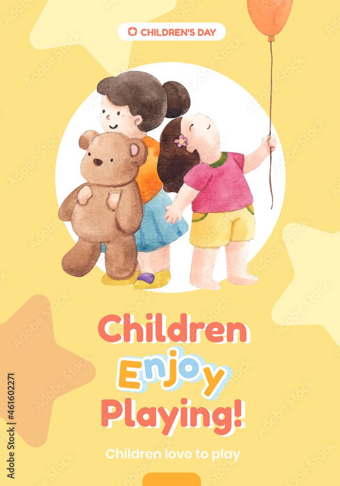 Fototapeta premium Poster template with happy children concept,watercolor style