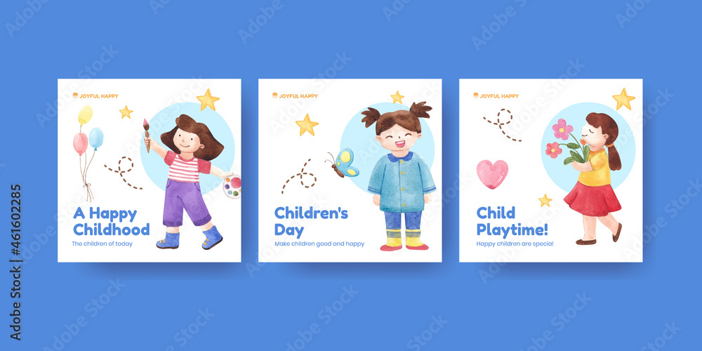 Banner template with happy children concept,watercolor style Banner template with happy children concept,watercolor style