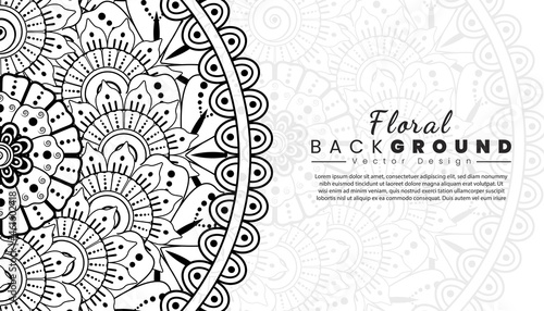 Background with mehndi flowers. Black lines on white background. Banner or card template