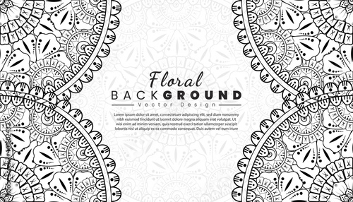Background with mehndi flowers. Black lines on white background. Banner or card template