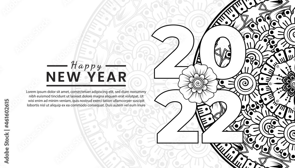 Fototapeta premium Happy new year 2022 banner or card template with mehndi flower