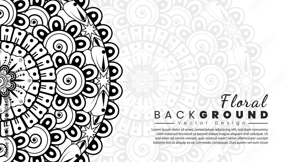 Background with mehndi flowers. Black lines on white background. Banner or card template Background with mehndi flowers. Black lines on white background. Banner or card template