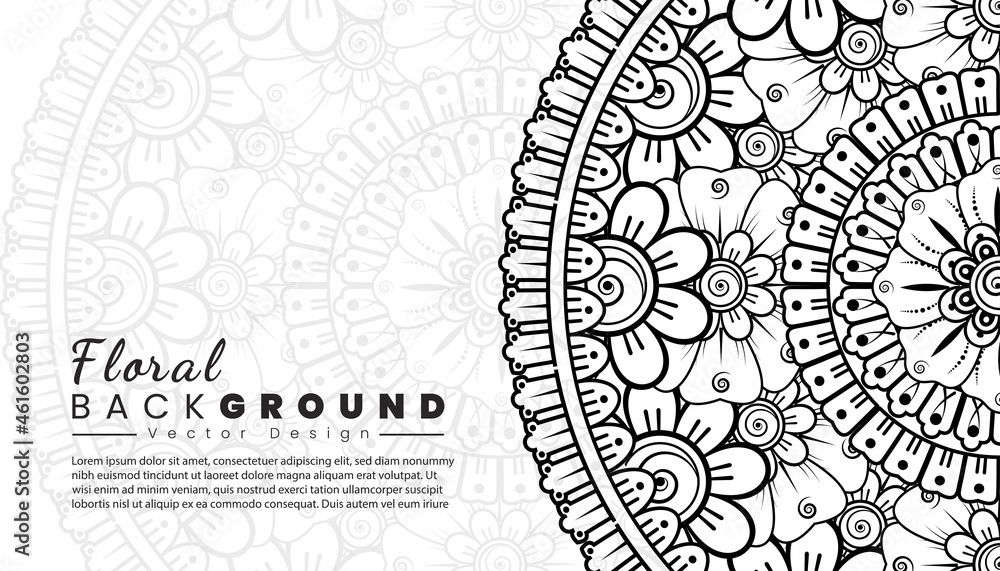 Fototapeta premium Background with mehndi flowers. Black lines on white background. Banner or card template