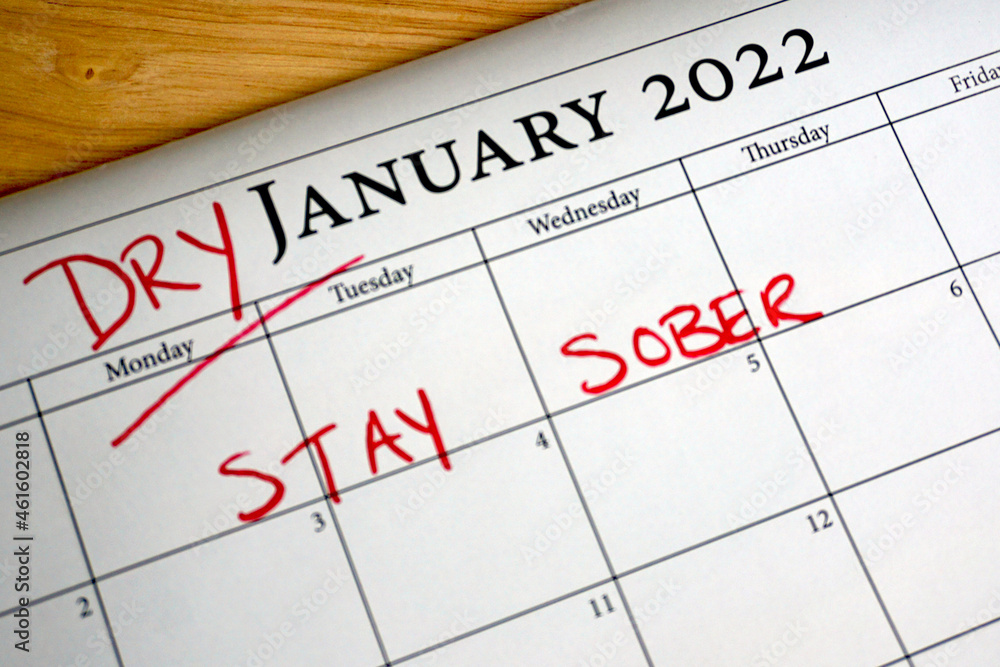 Calendar marked to indicate that January is Dry January - a month to stay sober and alcohol-free Calendar marked to indicate that January is Dry January - a month to stay sober and alcohol-free