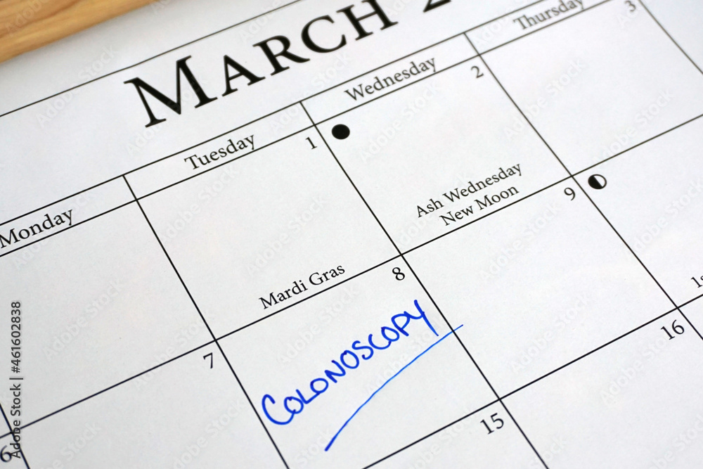 Colonoscopy scheduled on a March calendar. March is Colorectal Cancer Awareness month. Colonoscopy scheduled on a March calendar. March is Colorectal Cancer Awareness month.