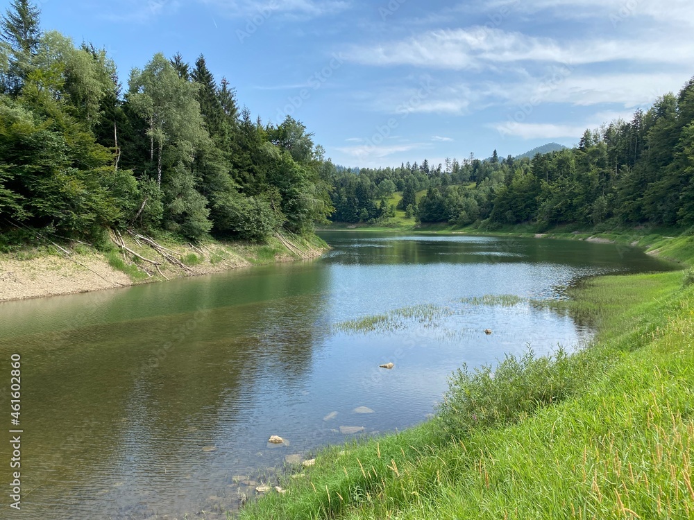Fototapeta premium Artificial reservoir Lake Lokve or Artificial accumulation Lokvarsko Lake - Gorski kotar, Croatia (Lokvarsko jezero ili umjetno akumulacijsko Omladinsko jezero, Lokve - Gorski kotar, Hrvatska)