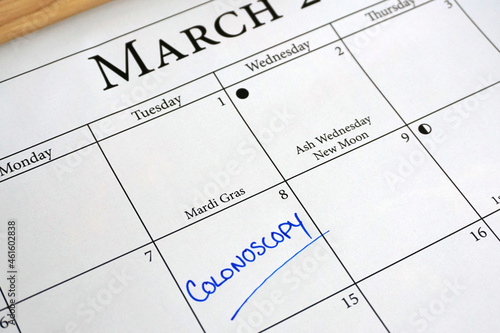 Colonoscopy scheduled on a March calendar. March is Colorectal Cancer Awareness month.