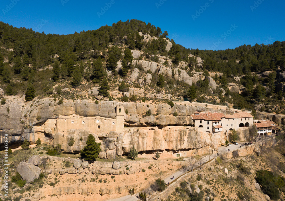 Impressive religious complex Sanctuary Mare de Deu de Balma built in rock, Sorita, Castellon, Spain