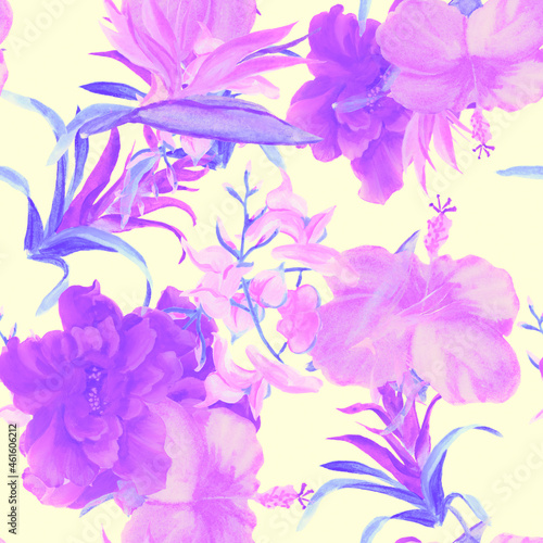 Vanilla Flower Wallpaper. Coral Summer Print. Purple Seamless Background. Watercolor Set. Pattern Wallpaper. Floral Set. Exotic Design. Botanical Plant.