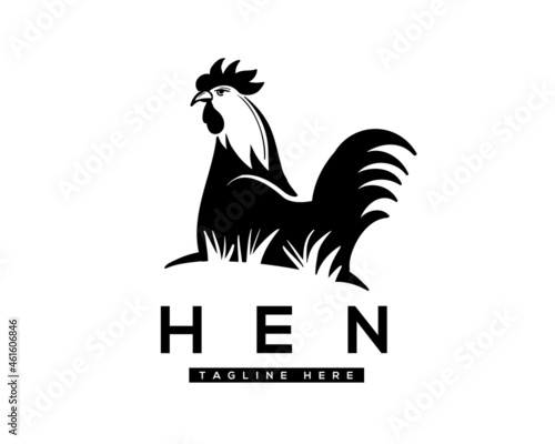 black silhouette rooster chicken Hen natural grass view logo template illustration