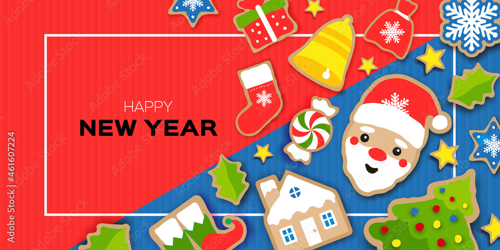 Fototapeta premium Happy New Year greeting card. Christmas Santa,tree, bell, gift, deer, snowflakes, lollipop, holly. Christmas gingerbread paper cut style Winter holidays