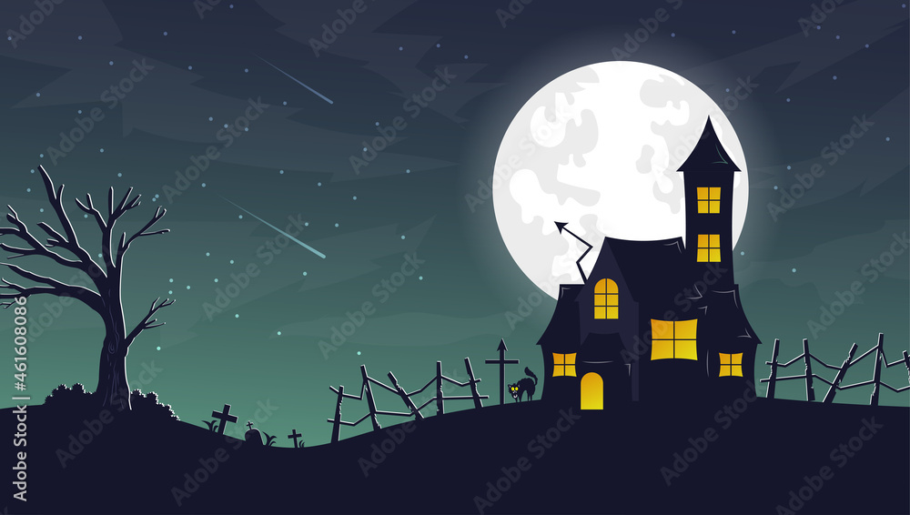 Hand Drawn of Haunted House Halloween in Flat Design
