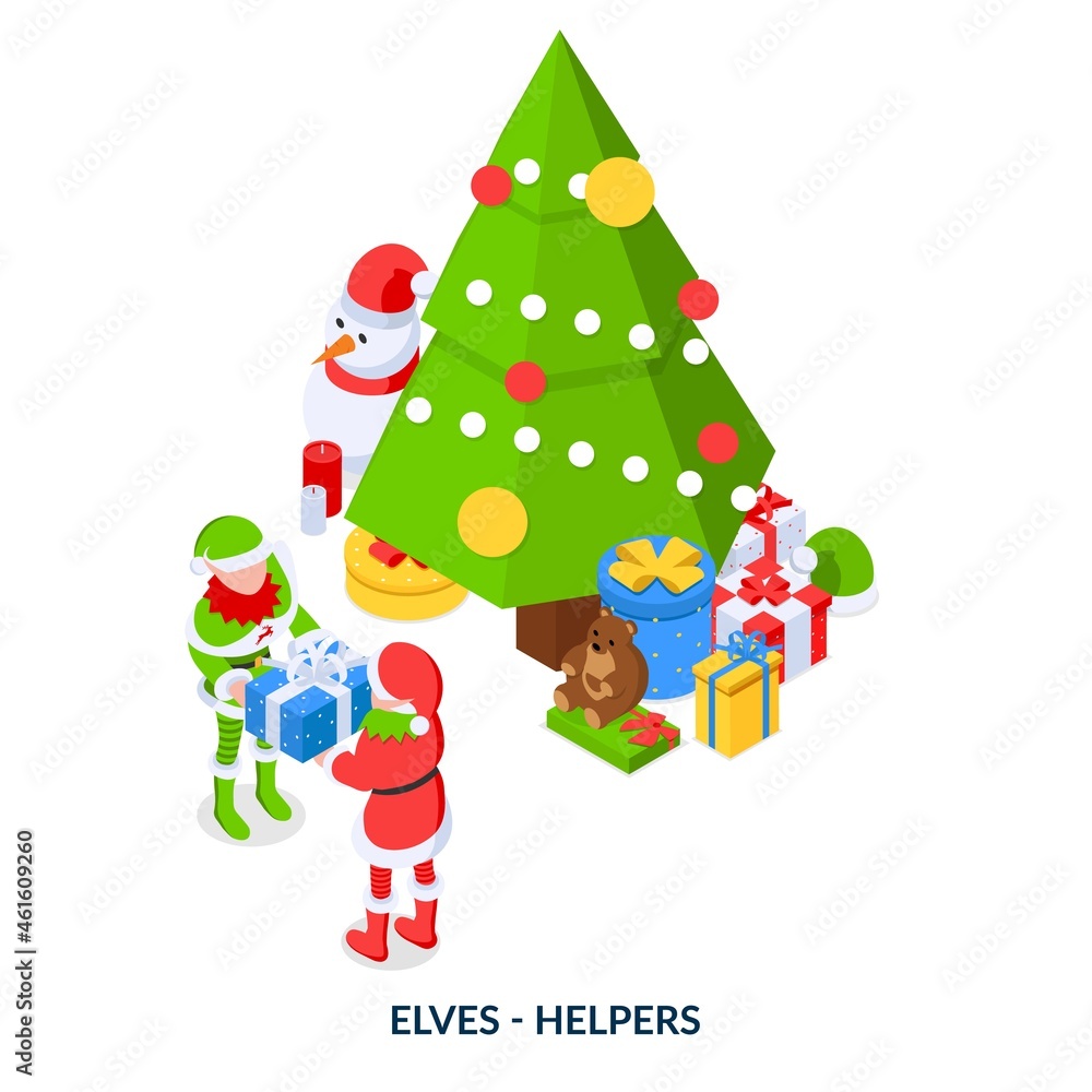Concept of elves helpers. Two little Santa helpers with gift box puts gifts under the Christmas tree. Xmas isometric illustration on white background. Concept of elves helpers. Two little Santa helpers with gift box puts gifts under the Christmas tree. Xmas isometric illustration on white background.