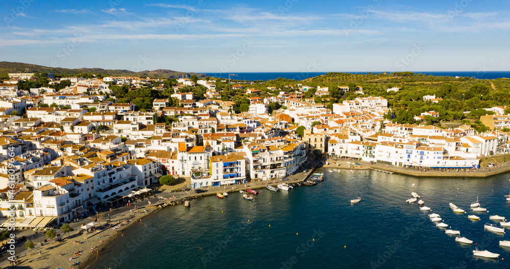 Scenic view from drone of Spanish town of Cadaques, Catalonia
