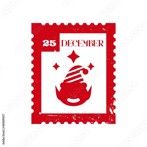 25 december - holiday postage stamp with Elf helper. Xmas decorative design element for letters. Vector illustration on white background.