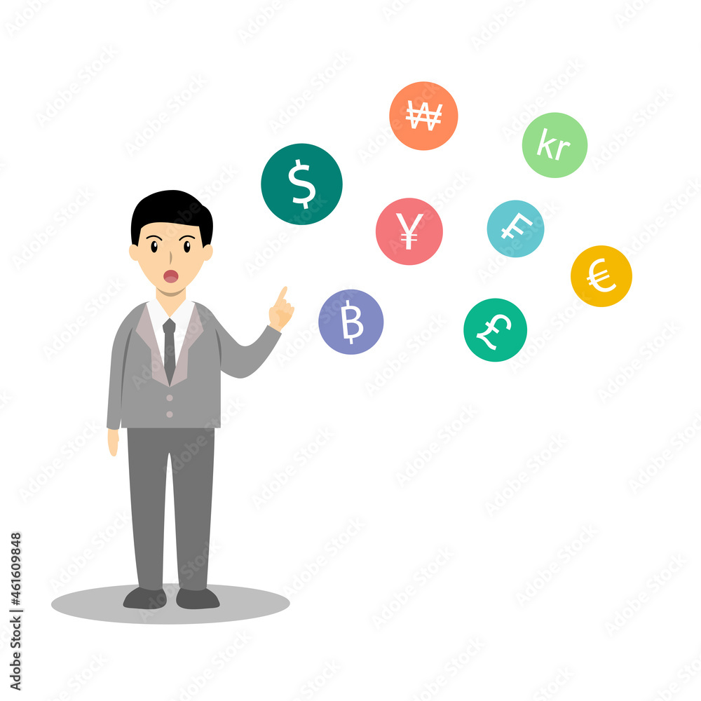Businessman talking about currency. money exchange, currency exchange rate concept Businessman talking about currency. money exchange, currency exchange rate concept