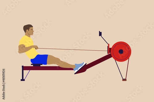 Colorful vector illustration with a young fit guy exercising with a rowing machine to improve his fitness level
