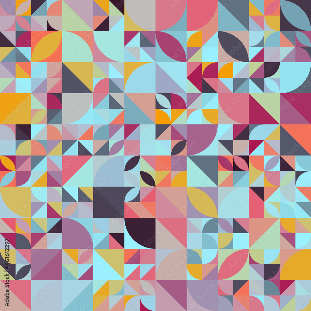 Patrón geométrico de triángulos, cuartos y pétalos en tonos suaves
