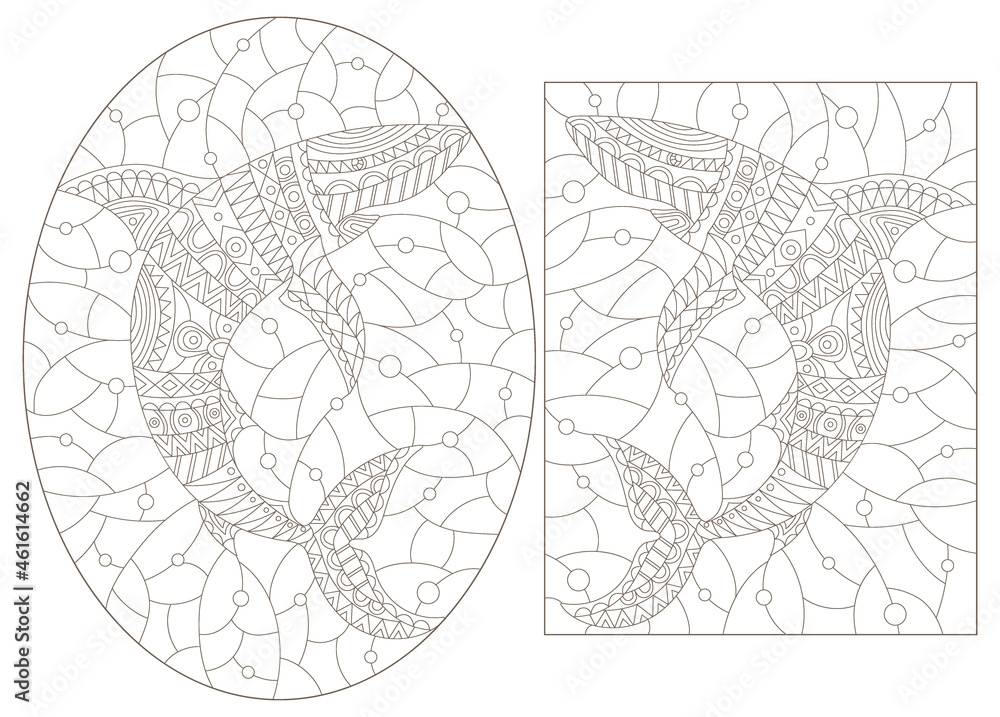 Obraz premium A set of contour illustrations in the style of stained glass with abstract sharks, dark contours on a white background