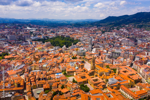 Aerial view of Oviedo city with buildings and lanscape  Asturias  Spain