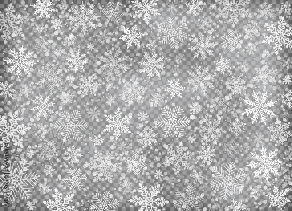 White snowflakes falling on transparent background vector illustration.