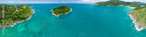 Aerial view drone shot of panorama laem promthep cape Beautiful scenery andaman sea in summer season at phuket thailand Beautiful travel background and website design nature background
