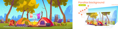 Summer camp with tents, chair and campfire on river shore. Vector parallax background for 2d animation with cartoon landscape with campsite, trees, lake beach and mountains on background