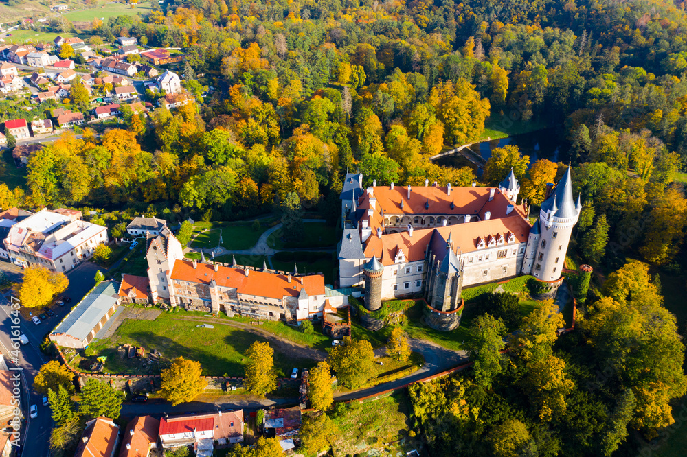 Aerial view of Zleby castle in Central Bohemian region, Czech Republic