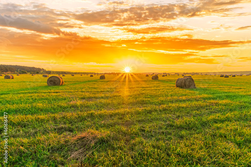 Scenic view at beautiful sunset in a green shiny field in village farm with hay stacks  cloudy sky  golden sun rays  anazing summer valley evening landscape