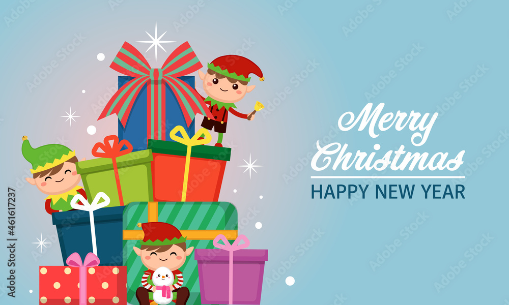 Cute little elves with big pile of Christmas presents. Flat vector cartoon design Cute little elves with big pile of Christmas presents. Flat vector cartoon design