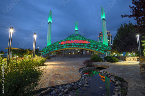 View of the "Mother's Heart" Mosque in the night illumination on a cloudy September evening