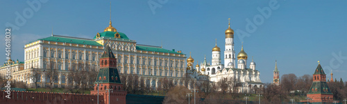 The Grand Kremlin Palace and the temples of the Moscow Kremlin in the April panorama. Moscow, Russia
