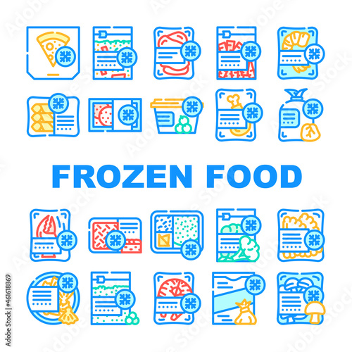 Frozen Food Storage Packaging Icons Set Vector. Broccoli And Mushrooms Vegetable Frozen Nutrition, Crab And Shrimp Seafood, Pizza and Dumplings Delicious Meal Line. Color Illustrations