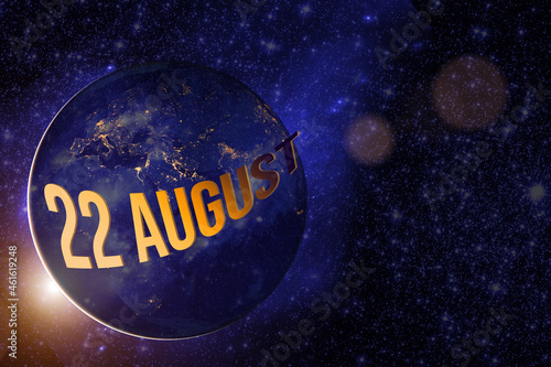 August 22nd. Day 22 of month, Calendar date. Earth globe planet with sunrise and calendar day. Elements of this image furnished by NASA. Summer month, day of the year concept.