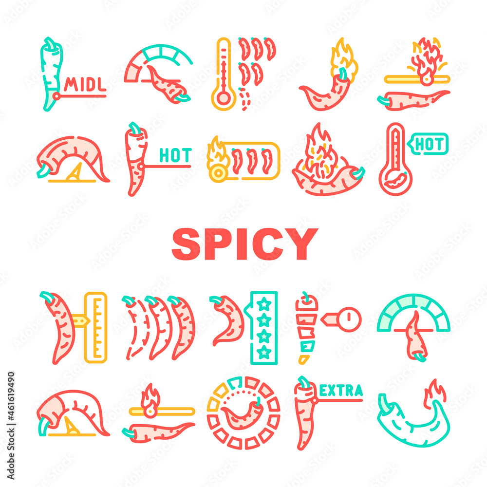 Spicy Pepper Different Scale Icons Set Vector. Burning Cayenne Spice Pepper Flavoring For Measuring Cooked Dish Line. Extra, Hot And Middle Spiced Meal Vegetable Color Illustrations