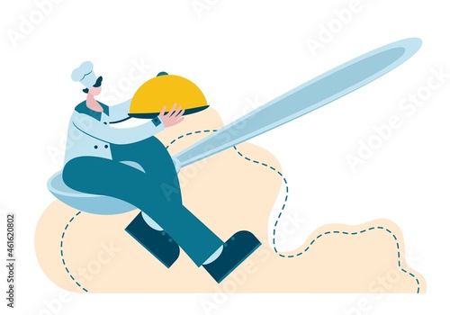 The chef rushes to offer the customer a signature dish. Comic illustration of a character sitting on a spoon with a tray in fashionable style. Concept of catering, restaurant business. Vector.