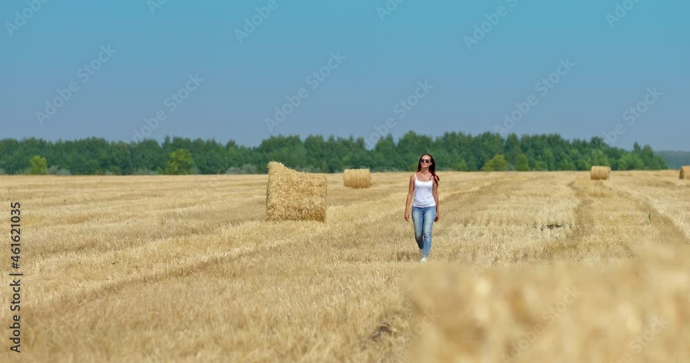 Beautiful woman walks around in sunglasses, many golden haystacks are lying in the field. Young woman walks through a mown wheat field and touches her hair with her hands, she is happy. Beautiful Beautiful woman walks around in sunglasses, many golden haystacks are lying in the field. Young woman walks through a mown wheat field and touches her hair with her hands, she is happy. Beautiful