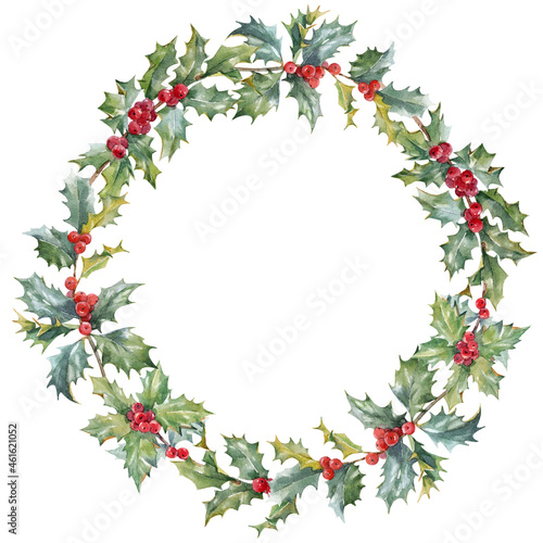 Beautiful floral christmas wreath with hand drawn watercolor winter flowers such as red poinsettia and holly branch. Stock 2022 winter illustration.