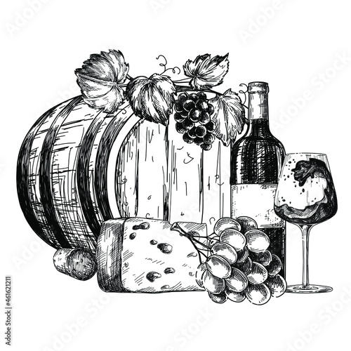 Hand drawn ink art, wine. Etching vintage drink illustration isolated on white background. Vector drawing.	