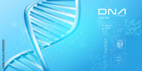 Fragment of double helix DNA with infographic elements.
