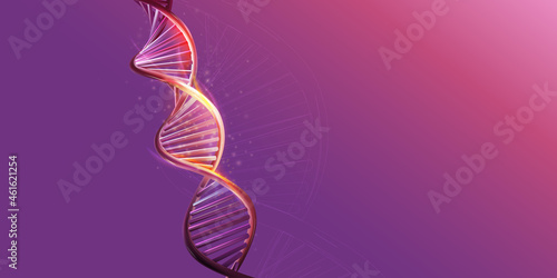 DNA double helix model on a purple background.