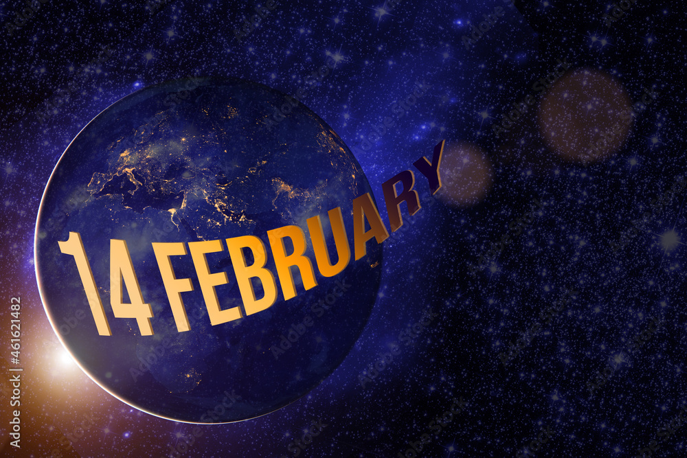 February 14th. Day 14 of month, Calendar date. Earth globe planet with sunrise and calendar day. Elements of this image furnished by NASA. Winter month, day of the year concept. February 14th. Day 14 of month, Calendar date. Earth globe planet with sunrise and calendar day. Elements of this image furnished by NASA. Winter month, day of the year concept.