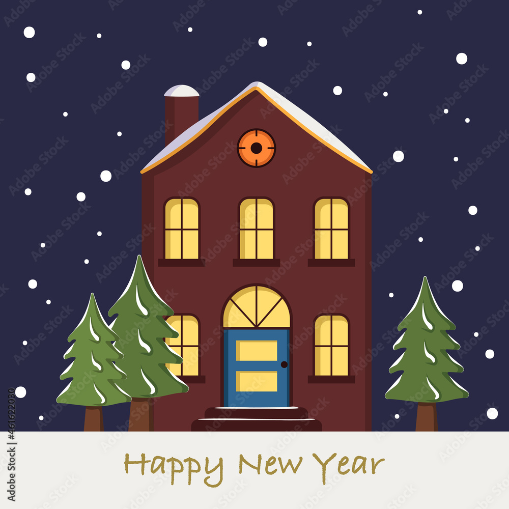 Snow house on Christmas card. Winter landscape with snowflakes and fir trees on blue background of the night sky. Happy new year greeting card
