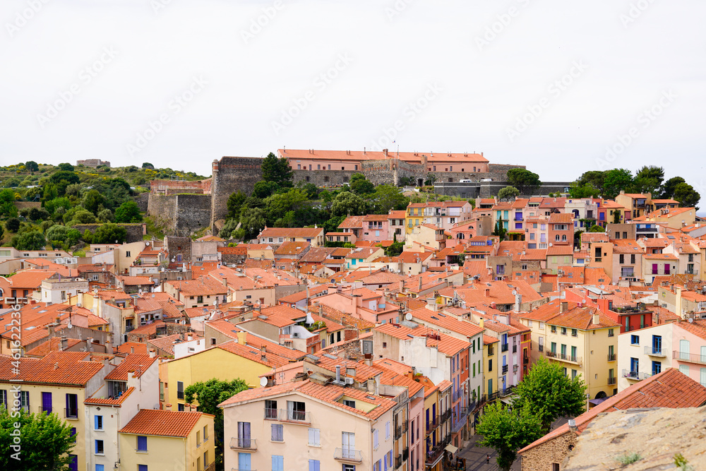 town aerial top view from castle of Collioure Languedoc-Roussillon France