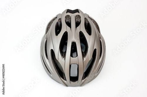 Cycling helmet plastic gray metal color, to protect the head of the cyclist during the trip.